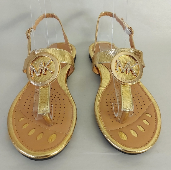 Michael Kors Women Gold Leather Sandals Thong Flat Casual Comfy Breathable - Picture 1 of 12